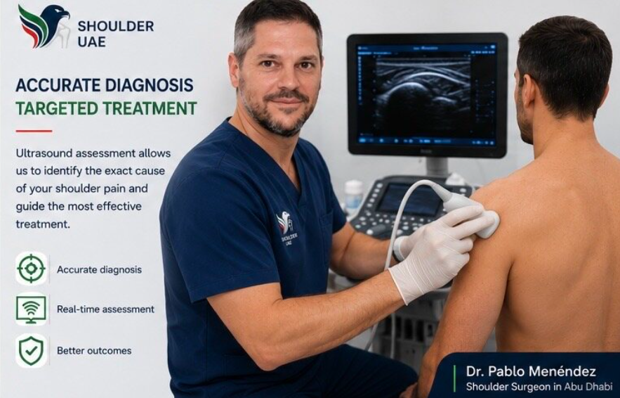Shoulder ultrasound assessment by Dr Pablo Menendez in Abu Dhabi
