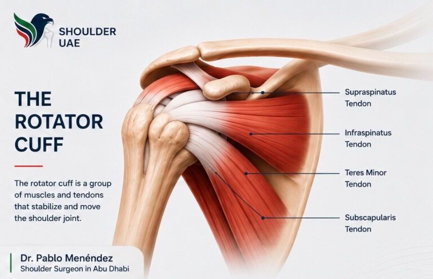 Rotator cuff anatomy showing shoulder tendons and muscles.